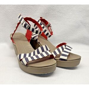 Crocs Leigh Wedge Sandals Womens 9 Blue White Striped Nautical Summer Preppy